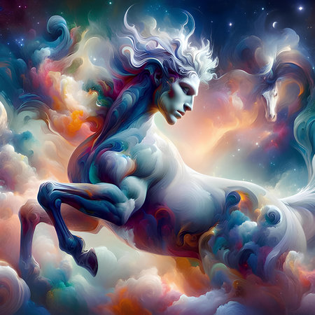 Fantasy illustration of a beautiful fantasy unicorn in the sky with clouds.の素材