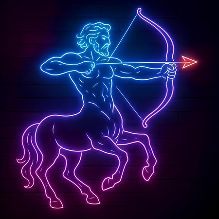 Neon Cupid with bow and arrow on brick wall background.の素材