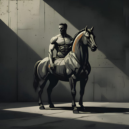 Athletic man with a horse in his hands on a grunge backgroundの素材