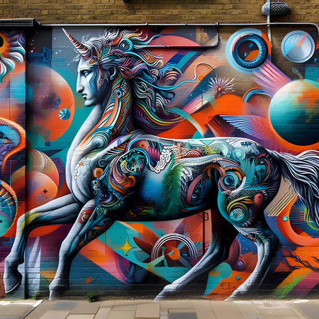 Unicorn on the background of a wall with graffiti. Illustrationの素材