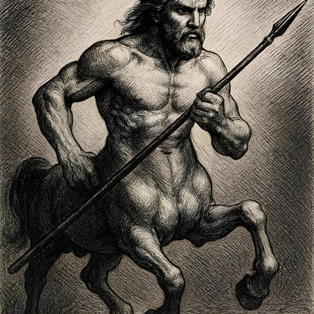 Man with spear and winged horse. Hand-drawn illustration.の素材