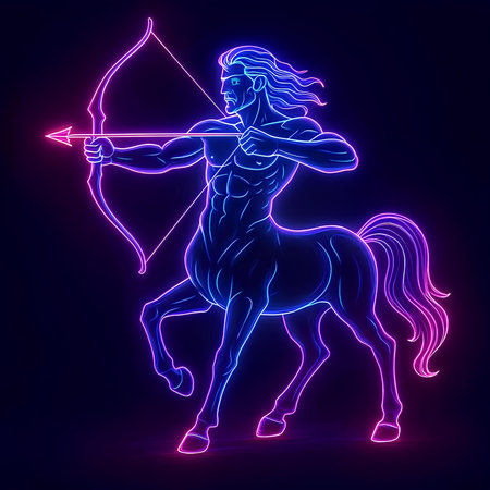 Neon Cupid with bow and arrow on dark background. Vector illustration.の素材