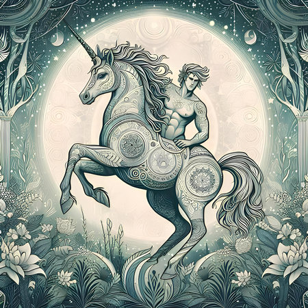 Unicorn in the forest. Fantasy vector illustration in vintage style.の素材