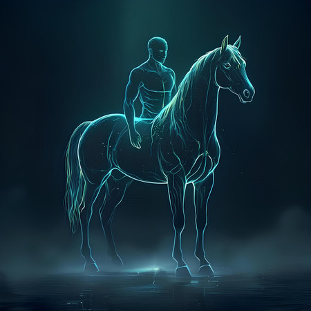 Man riding a horse on a dark background. 3d rendering.の素材