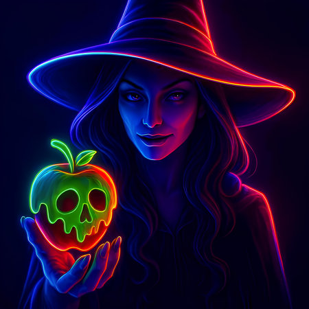 Illustration of a Halloween witch holding an apple in her hand.の素材
