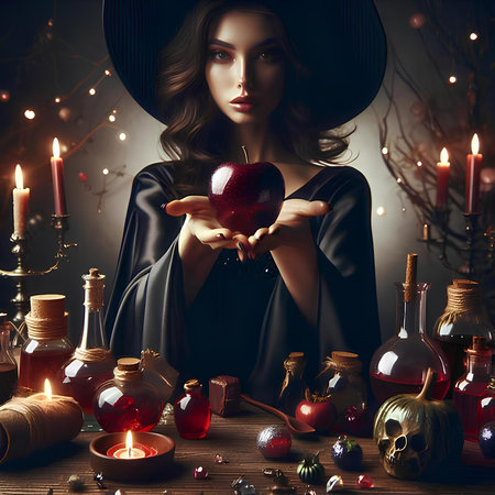 Beautiful Halloween witch with magic potion and apple. Halloween concept.の素材