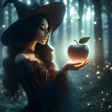 Beautiful witch with apple in magic forest. Halloween. 3D rendering.の素材
