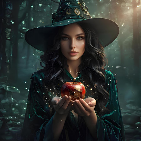 Beautiful witch holding an apple in her hands. Halloween theme.の素材