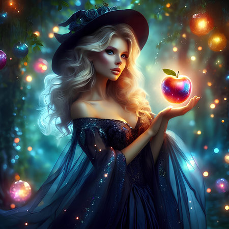 Beautiful witch with apple in her hands. Fairy tale theme.の素材