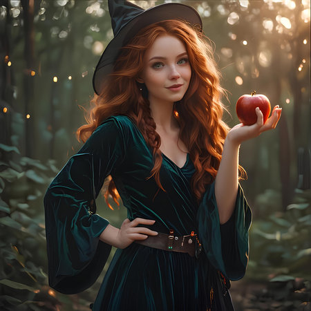 Beautiful red-haired girl in a witch costume with an apple in the forestの素材