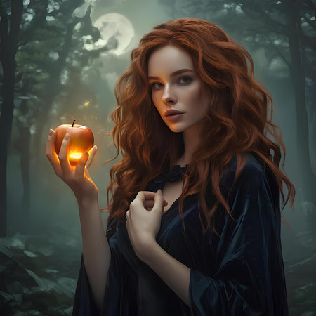 Red-haired witch in the forest with a candle in her handの素材
