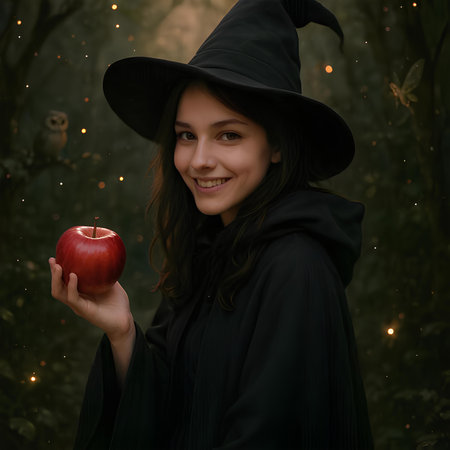 Beautiful young woman in witch costume holding red apple in her handの素材