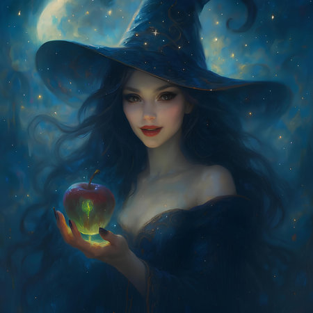 Beautiful witch with an apple in her hand. Halloween background.の素材