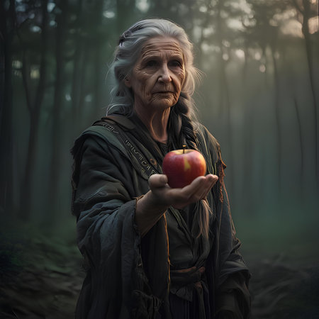 Old woman with an apple in her hand in the dark forest.の素材