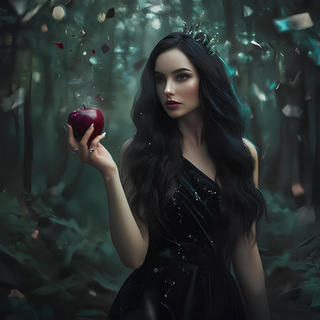 Portrait of a beautiful brunette woman with red apple in the forestの素材