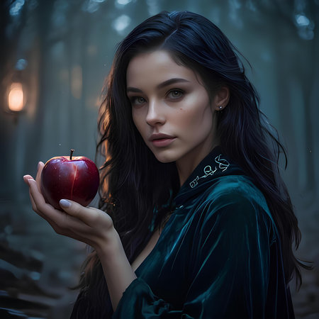 Beautiful girl in a dark forest with an apple in her handの素材