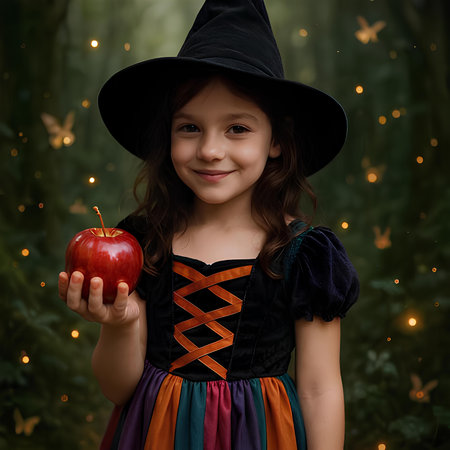 Cute little girl in witch costume with red apple in her handsの素材