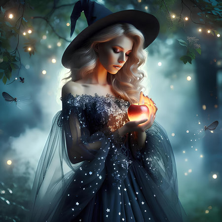 Beautiful witch with a magic potion in the forest. Halloween.の素材