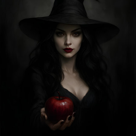 Beautiful witch in black hat with red apple in hand on dark backgroundの素材