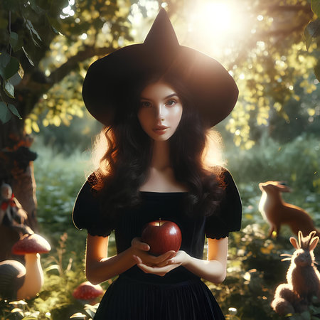 Beautiful young witch girl in a black dress and hat with an apple in her hands. Halloween.の素材