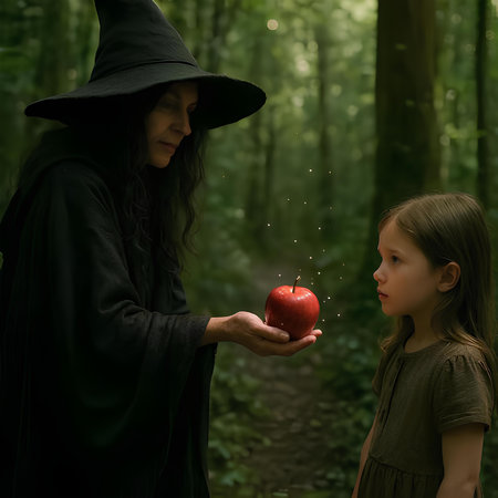 Witch and child girl in black halloween costume holding apple in forestの素材