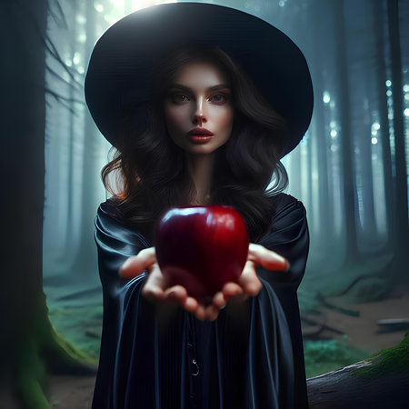 Young witch with red apple in the forest. Halloween concept. 3d rendering.の素材