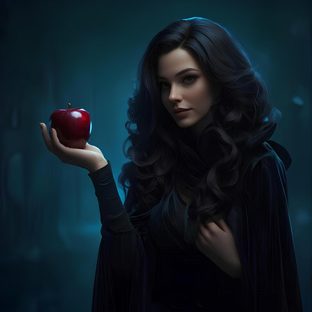 Beautiful young woman in a black cloak with an apple in her handの素材