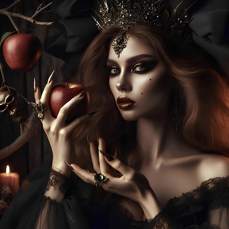 Beautiful young woman with a golden crown on her head and red manicured nails.の素材