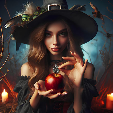 Beautiful witch with an apple in her hands. Halloween theme.の素材