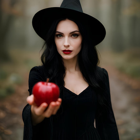 Beautiful young woman in black dress and black hat holding red apple in autumn forestの素材