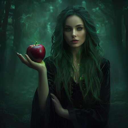 Portrait of a beautiful gothic girl holding an apple in the forestの素材
