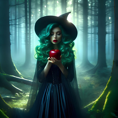 Beautiful witch with red apple in the magic forest. Halloween.の素材
