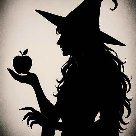 Silhouette of a witch holding an apple in front of her faceの素材