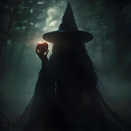 Witch in the dark forest with an apple in her hand.の素材