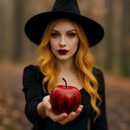 Portrait of a beautiful red-haired girl in a black hat with an apple in the forest. Halloween.の素材