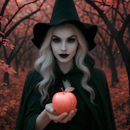 Beautiful witch with a red apple in the forest. Halloween.の素材
