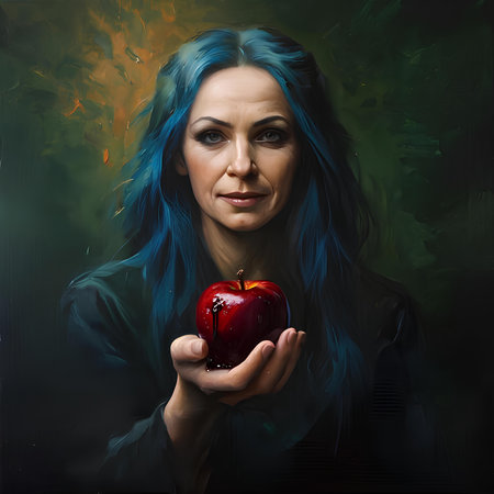 Portrait of beautiful woman with blue hair and apple in her handの素材