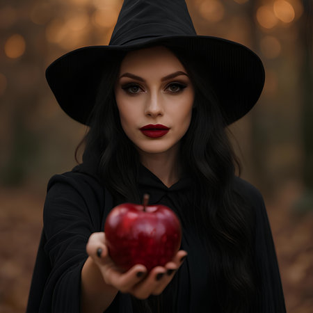 Portrait of beautiful woman in black witch costume holding red apple in autumn forestの素材