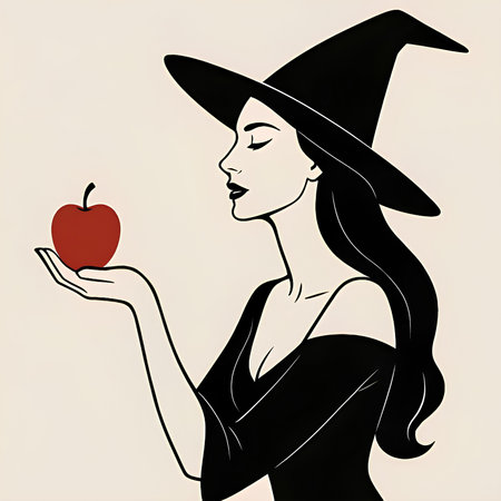 Illustration of a witch holding a red apple in her hand.の素材