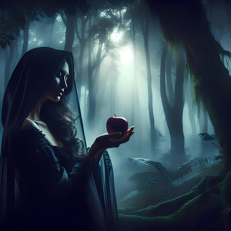 Mysterious woman in a dark forest with an apple in her handの素材