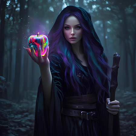 3d rendering of a beautiful witch with an apple in her handの素材