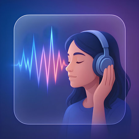 Young woman listening to music with headphones. Vector illustration in cartoon styleの素材