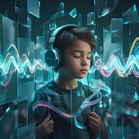 3D rendering of a boy with headphones listening to music on a futuristic backgroundの素材