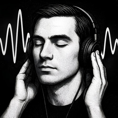 Young man listening to music on headphones. Black and white image.の素材