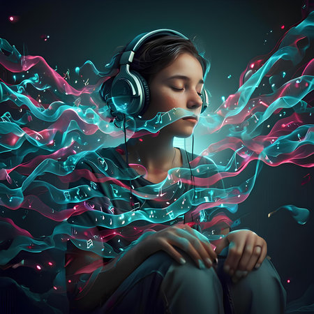 Young woman with headphones listening to music. 3d rendering toned imageの素材