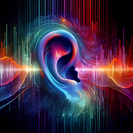 Human head and sound wave on black background. 3d illustration.の素材