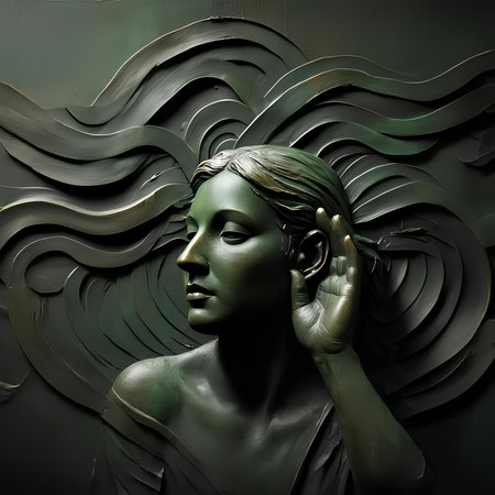 3D illustration of a beautiful woman's face on a dark backgroundの素材