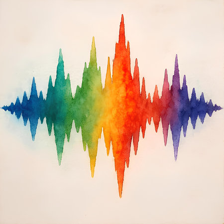 Illustration of colorful sound wave on white background with copy space.の素材