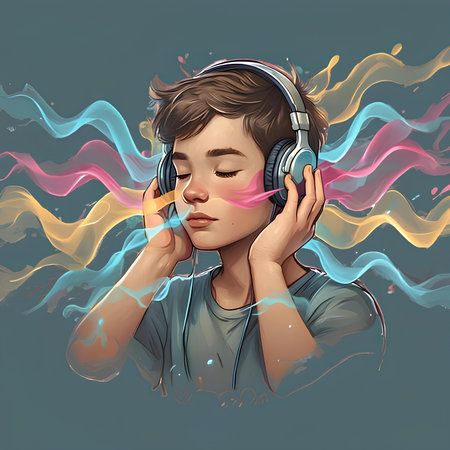 Illustration of a young woman listening to music with headphones. Vector illustration.の素材