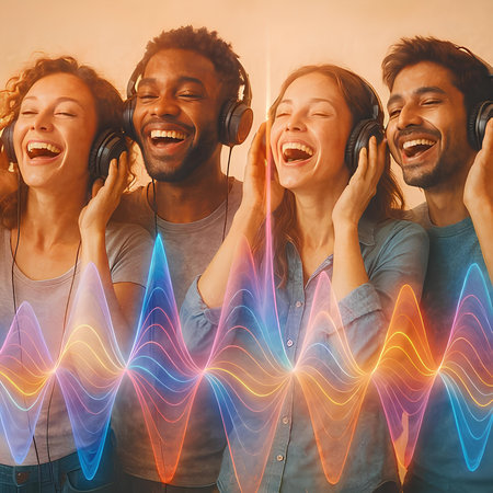 Happy group of friends listening to music with headphones. Music concept.の素材